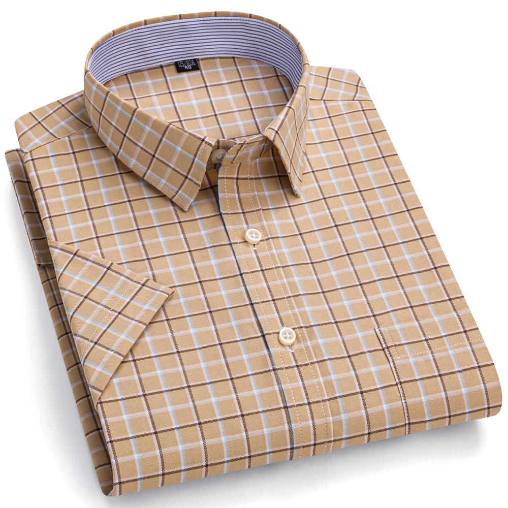 Camisa Oxford de manga curta masculina, camisa xadrez listrada com botão, bolso com remendo único, ajuste padrão, fina, 100% algodão, casual, verão