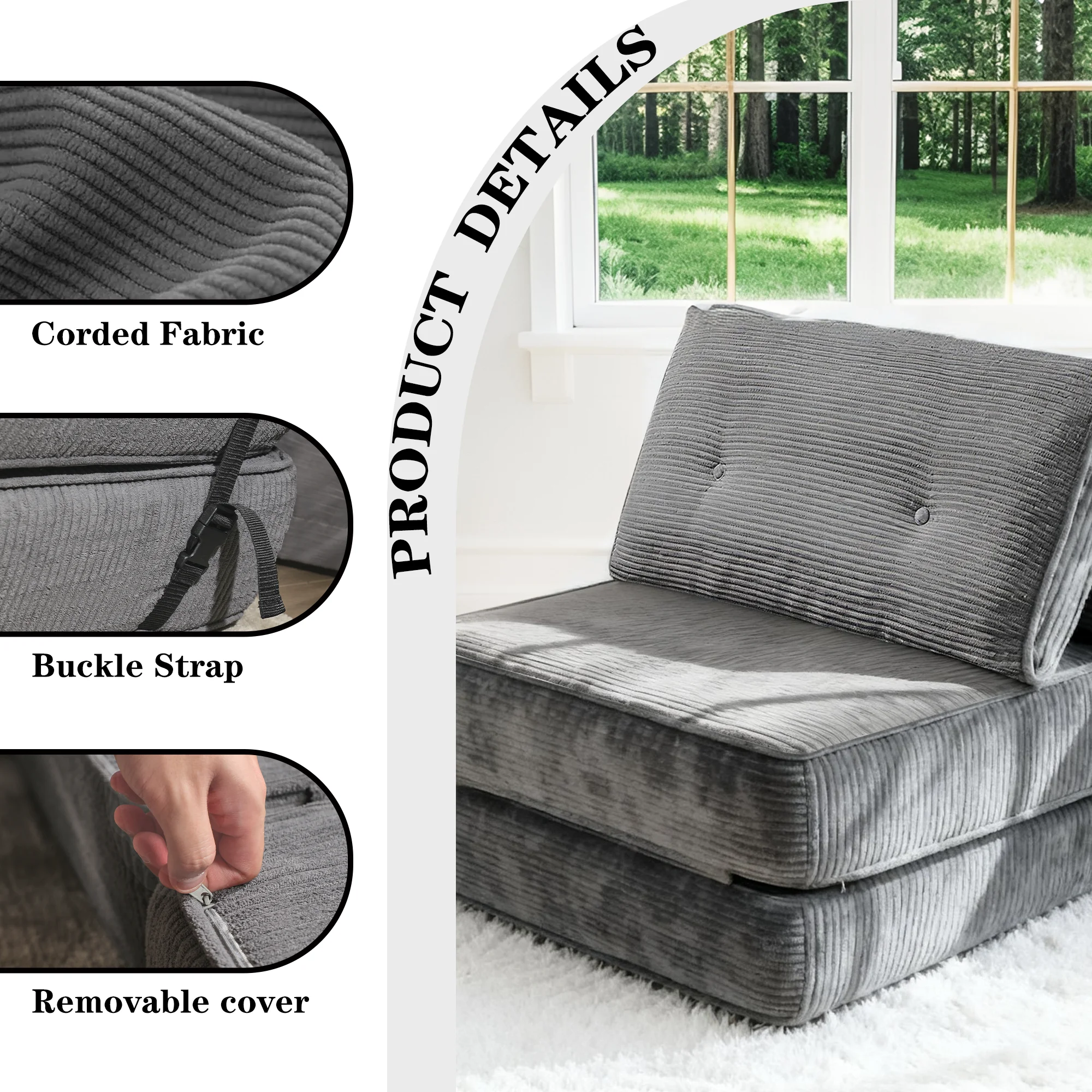 

Convertible Sofa Bed & Sleeper 63 Inch Corduroy Futon with Vacuum Compression for Living Room, Office, and Guest Accommodation