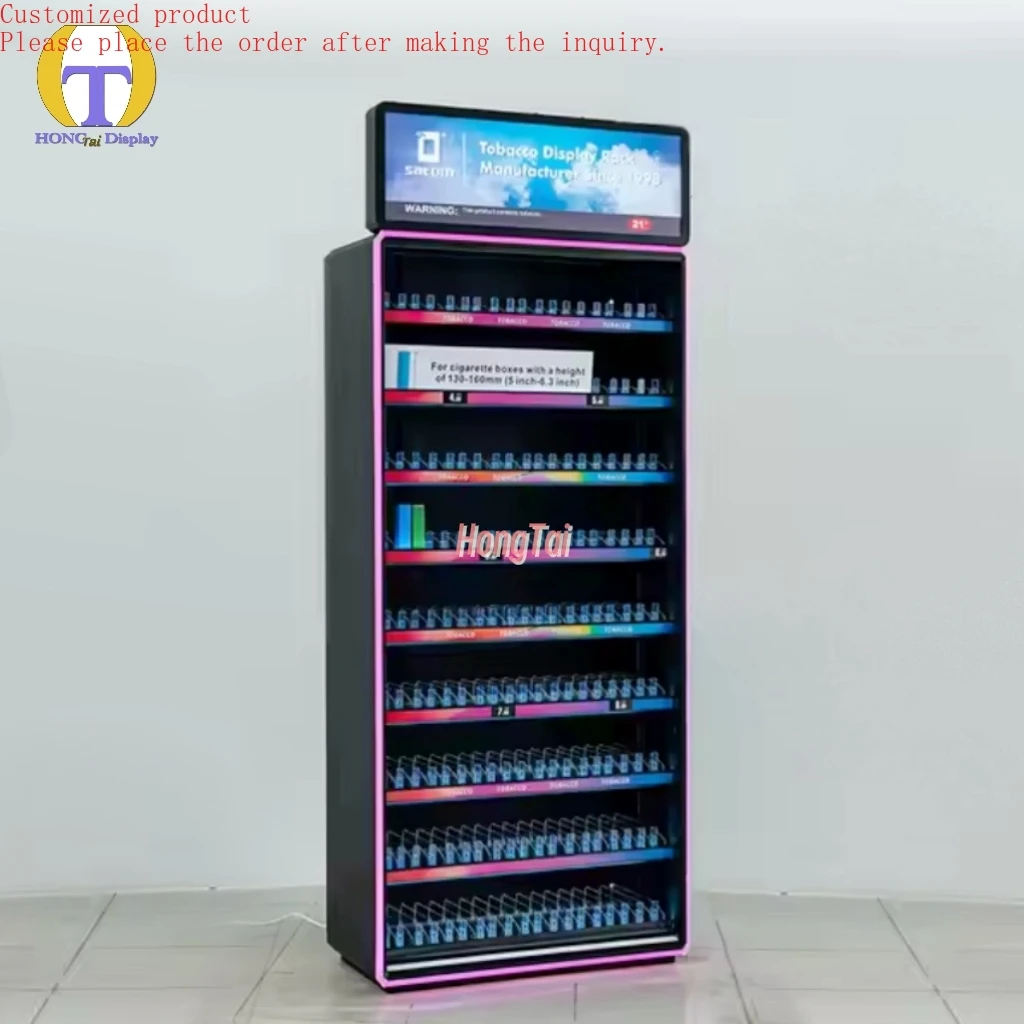 

Custom.Door-to-Door Metal Light Box Showcase for Cigarettes Colorful LED Lighting Smoke Pusher Tobacco Shop Accessories Shelf