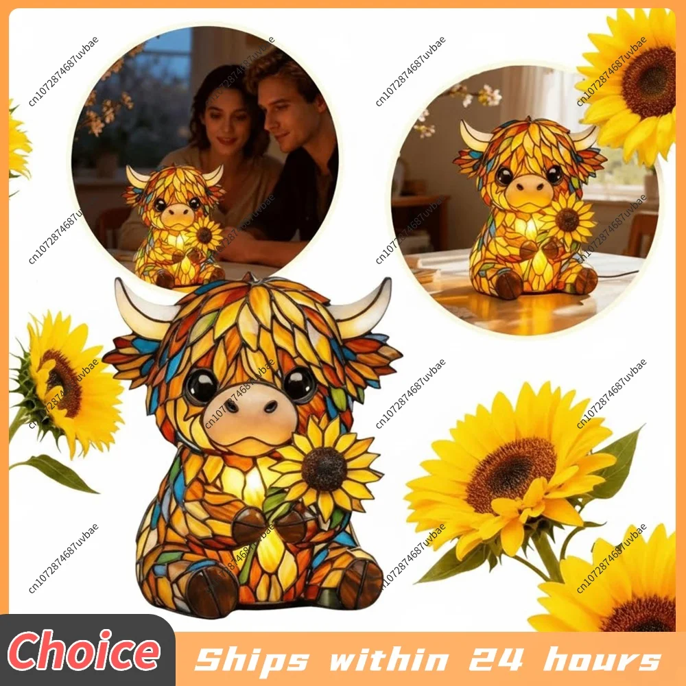 Sunflower Highland Cow Table Lamp USB Cute Bedside Decorations Lamp LED Resin Animal Ornament Light for Living Room Desk Decor