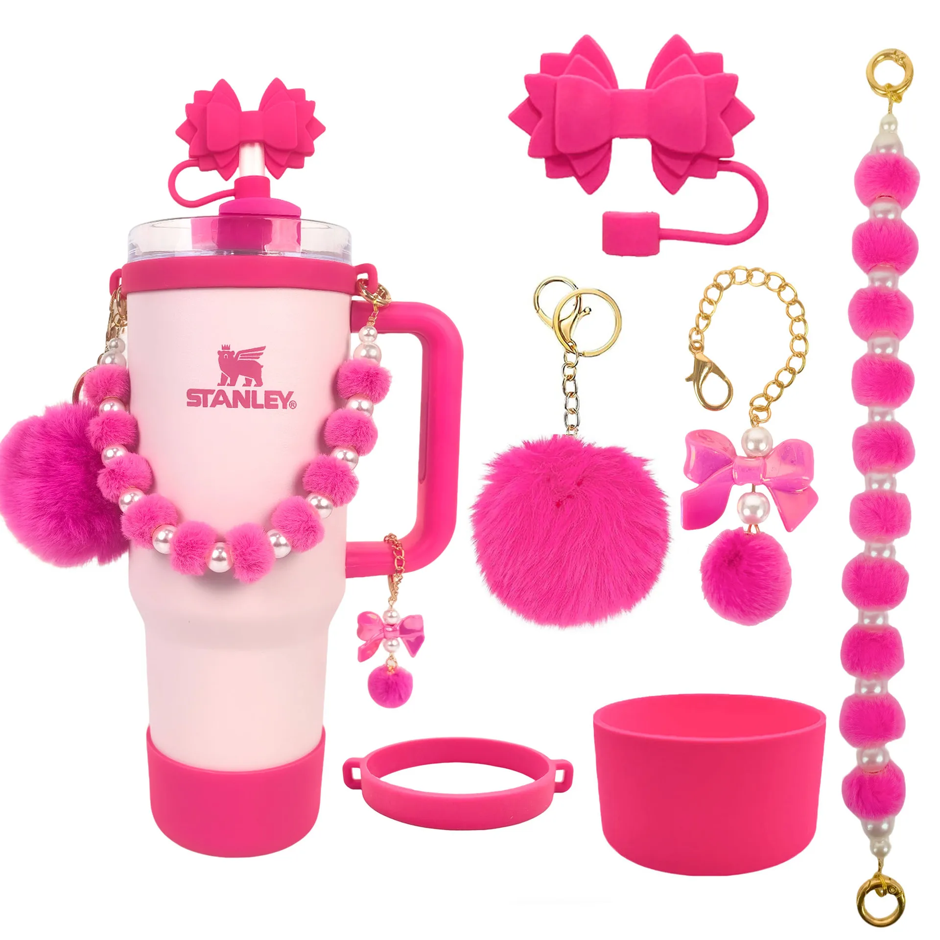Set de Accesorios para Vaso Stanley Cup: Correa de Cadena de Perlas con Diseño de Flor de Cerezo Rosa, Tapa para Pajita y Funda de Silicona