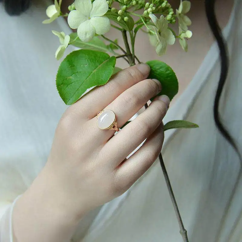 alace Retro Oval Pigeon Egg Adjustable Open Ring for Women New Chinese Style Elegant High End Statement Finger Jewelry