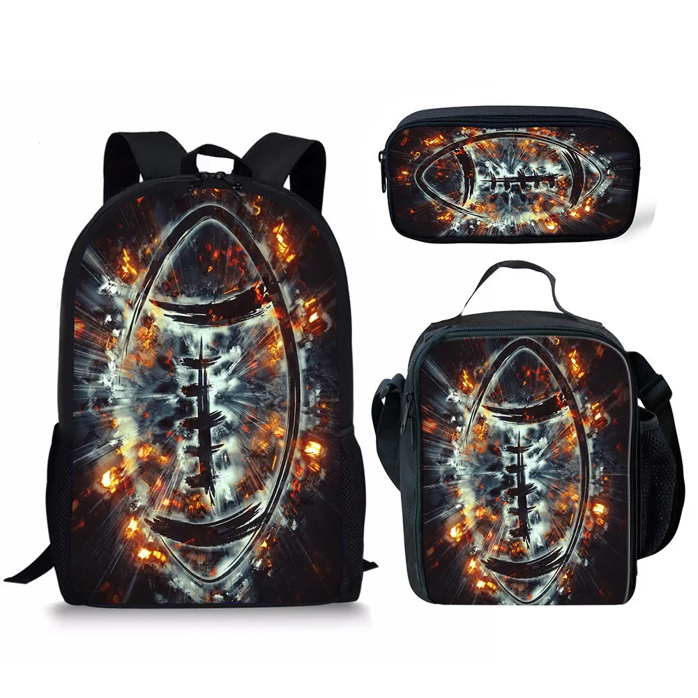 

American Football Rugby Printed 3Pcs/Set Backpack School Student Boys Girls Book Bag Laptop Daypack with Lunch Bag Pencil Bag