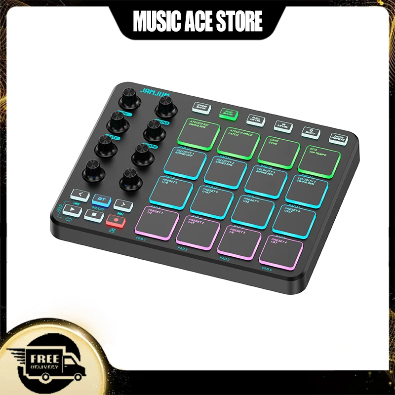 JAMJUM JP-1 Wireless MIDI Controller Pad - 16 RGB Pads, 8 Knobs