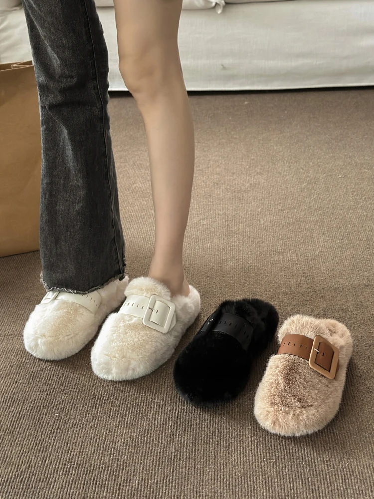 Slippers Casual Flock Med Shoes Platform Fur Flip Flops Cover Toe Slipers Women Slides Luxury Plush Flat 2024 Rubber  with fur F