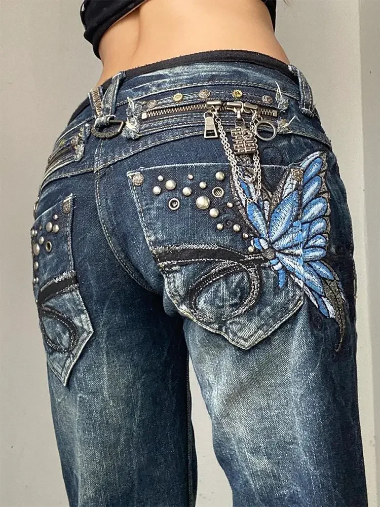 American Fashion High Street Large Size Butterfly Embroidered Women Jeans Y2K Millennium Harajuku Slim Flared Jeans