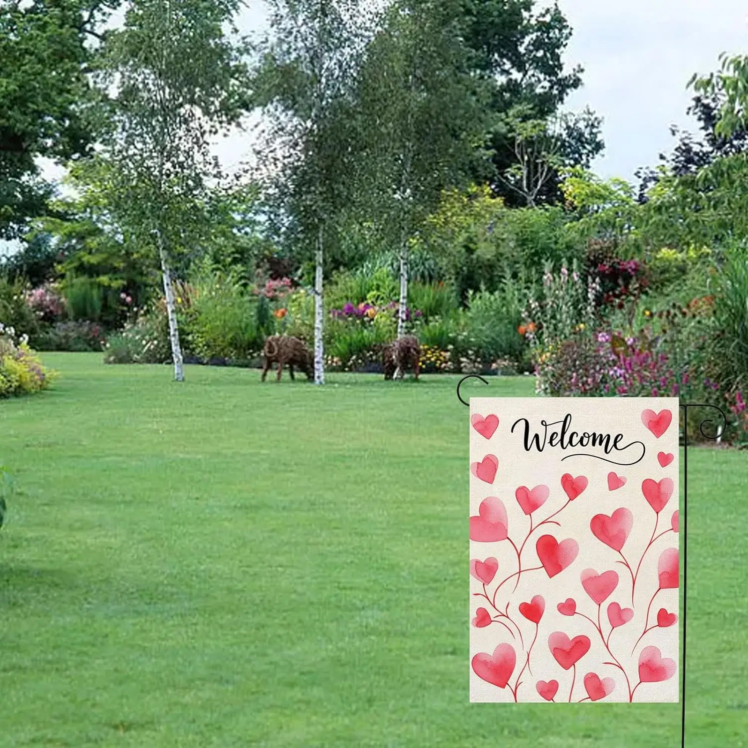 Welcome Valentines Love Hearts Garden Flag 12x18 Inch Double Sided for Outside Small Burlap Red Holiday Party Yard Outdoor D EEZ