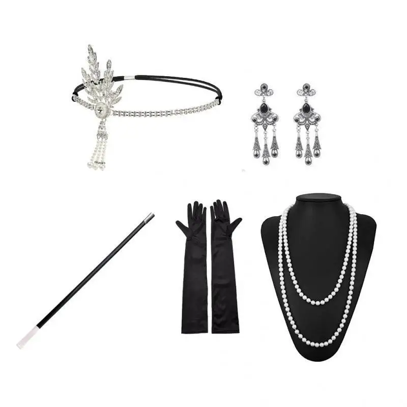 1920s Flapper Accessories For Women Vintage Party Headband Gloves Necklace Set Cocktail Party Costume Props