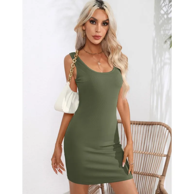 

Sexy U Neck Rib Knitting Slim Bodycon Dress Women Fashion Sleeveless Solid Skinny Dress Elegant Club Party Casual Lady Vestidos