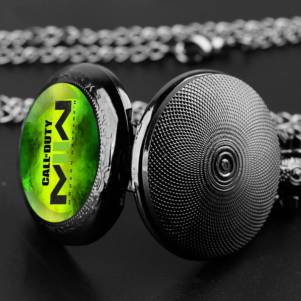 Vintage Black Call of Duty Ghosts Pocket Watch Necklace Quartz Movement with Chain Cool Gamer Accessory Gift for Men & Women