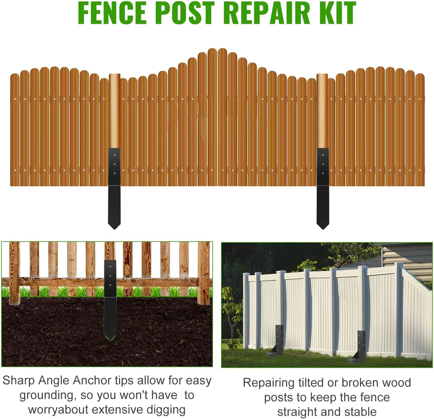 3.74" Fence Post Repair Kit, Heavy Duty Ground Spike Anchor, Fixing Leaning Damaged Wooden Posts, Barrier Pillar, Anchor Sleeve
