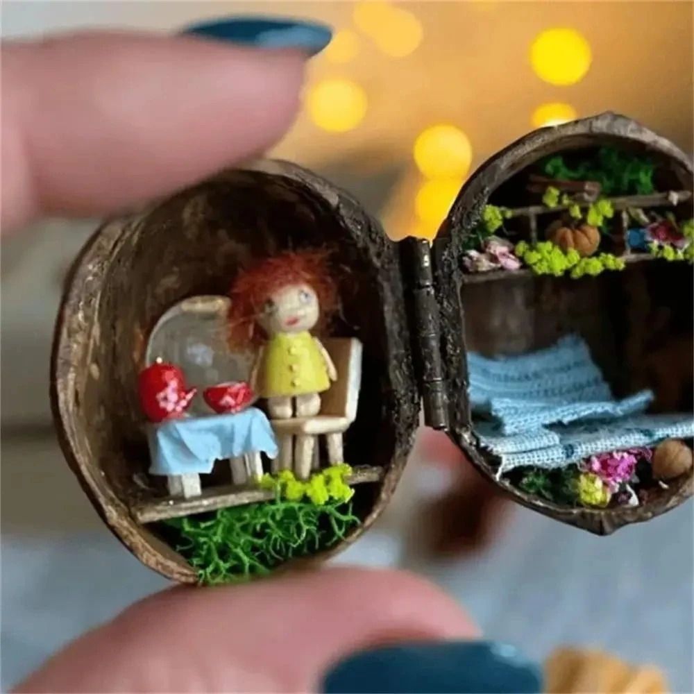 Walnut Shell Dollhouse Tiny World Inside Walnuts Resin Miniature Dollhouse Kit Handmade Mini Library 3D Children\'s Toy Gift