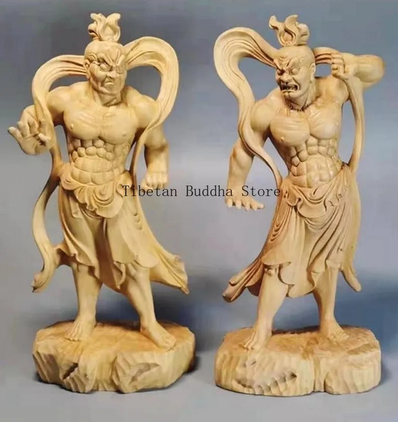 2 Pcs Boxwood Carved Chinese Marshals Heng Ha Statue Ferocious Gigantic Guardian