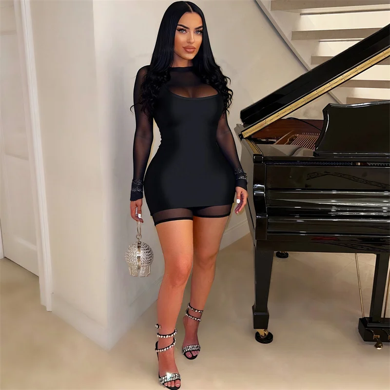 Doyerl 2-częściowy zestaw dla kobiet, strój klubowy, na rave, siateczkowy, prześwitujący kombinezon i dopasowany zestaw mini sukienki bodycon.
