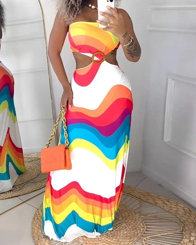 

Women's Sexy Stripe Print Hollow Out Maxi Dress Female Casual Clothing Summer New Womens Fashion Vacation Dresses