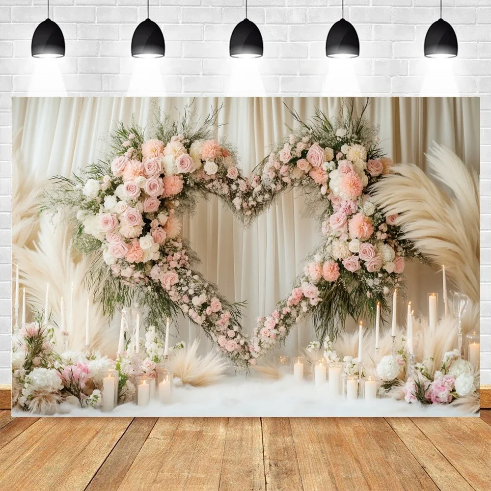 

Valentine's Day Love Bohemian Pampas Curtain Photography Background, Couple Portrait Wedding Banner Photography Studio Backdrop