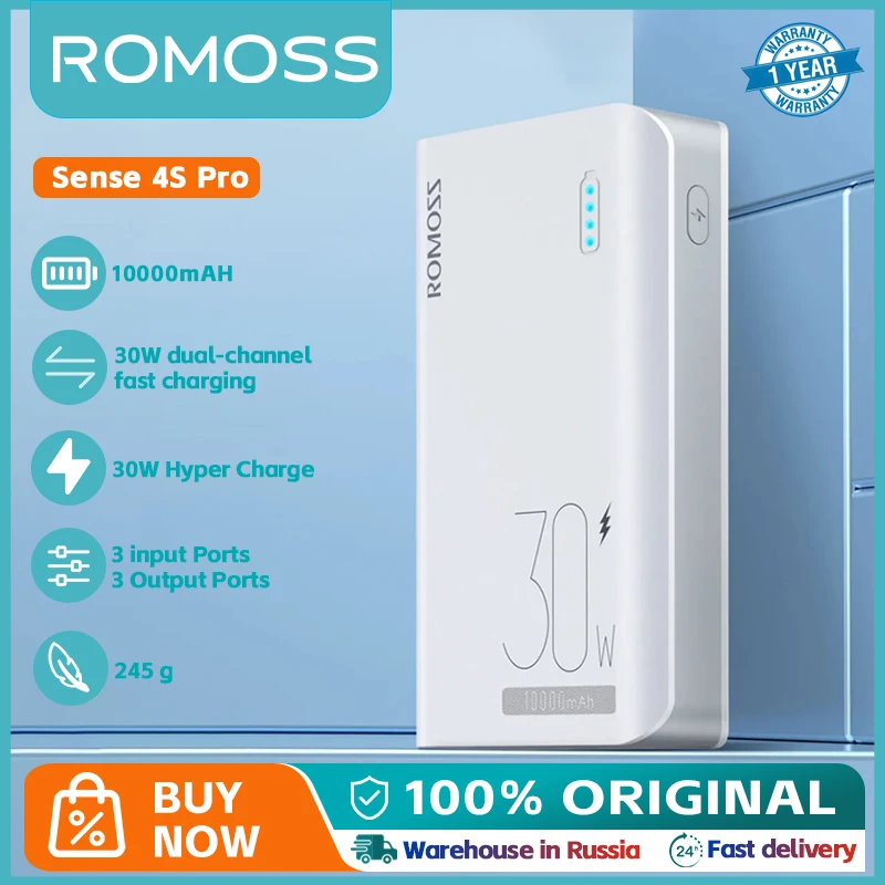 ROMOSS Power Bank 10000 mAh 30W USB Type C Charger External Battery 10000mAh PD3.0 Fast Charge Powerbank For Xiaomi 14 iPhone 15