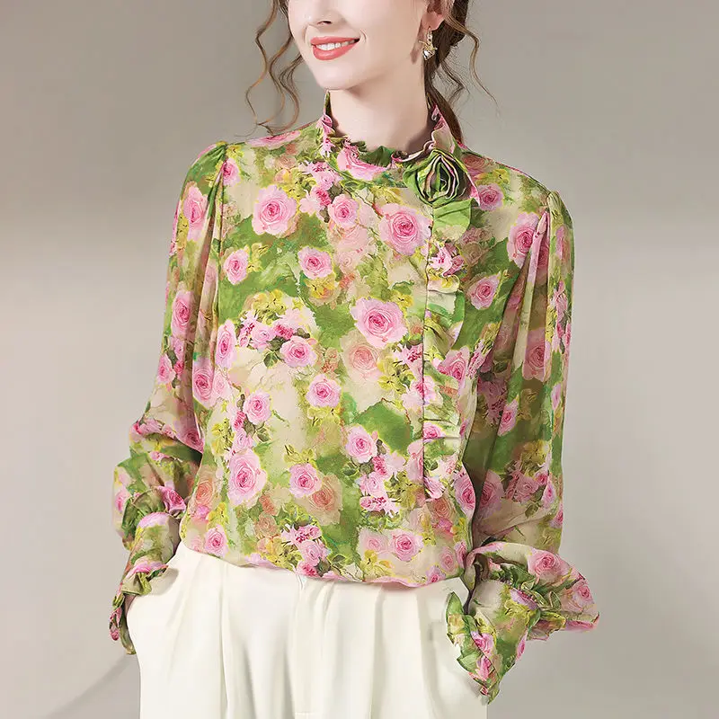 Camisa de flores fragmentaria única para mujer, Tops de lujo con borde de oreja de madera para celebridades, temperamento, nueva moda de primavera, 2023