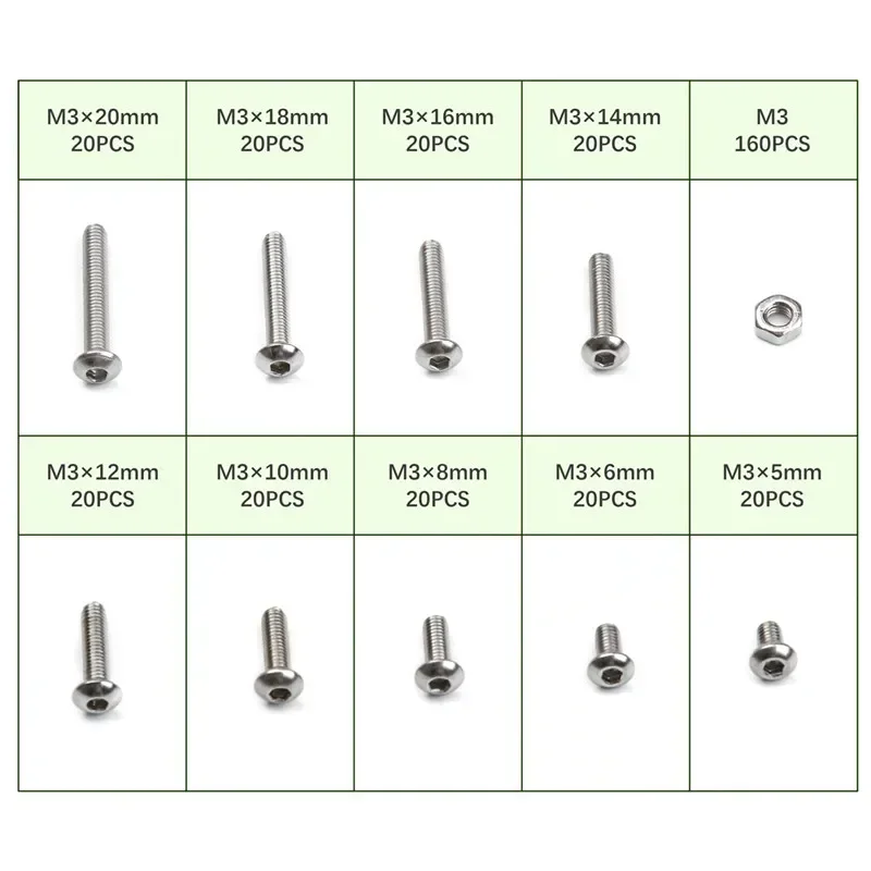 340PCS/SET M3 Stainless Steel Hex Socket Screws Nut Set Bolt and Nut Kit DIY Fasteners Assortment Kit Screw for Woodworking