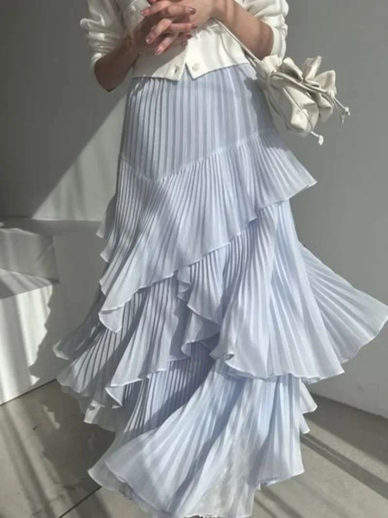 Sweet Cascading Pleated Ruffles Cake Skirts Women High Waist Slim A-line White Midi Jupe 2024 Spring Summer Japan Chic Faldas