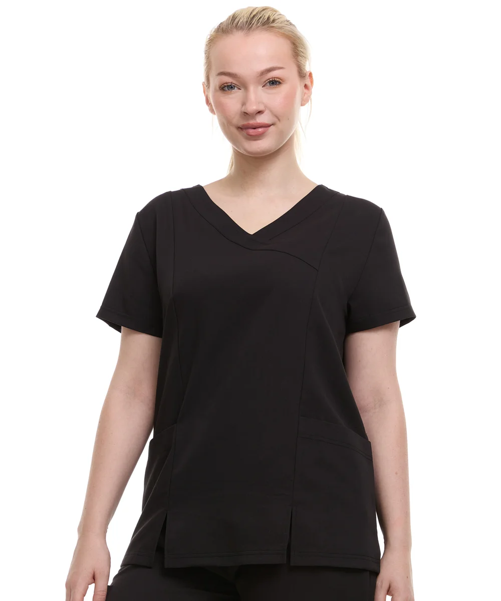 HEAL + WEAR-Top Classique à Manches Courtes et Col en V pour Femme, Vêtement de Travail avec Poches, Exécutif, Une Image Essentielle