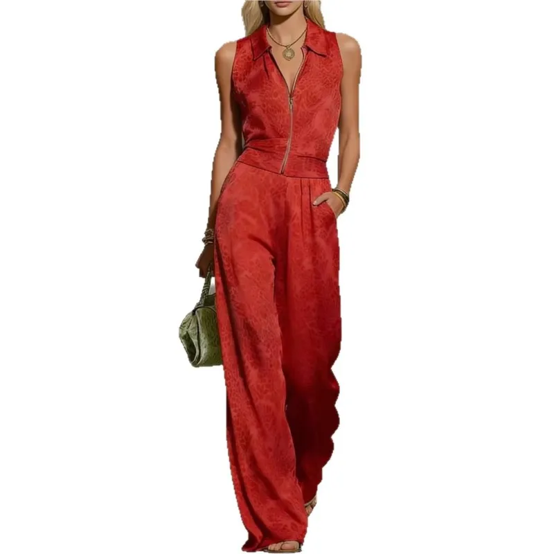 

Women's Fashion Zipper Lapel Sleeveless Printed Jumpsuit Summer Elegant Slimming Wideleg Trousers Pocket Female Office Jumpsuit