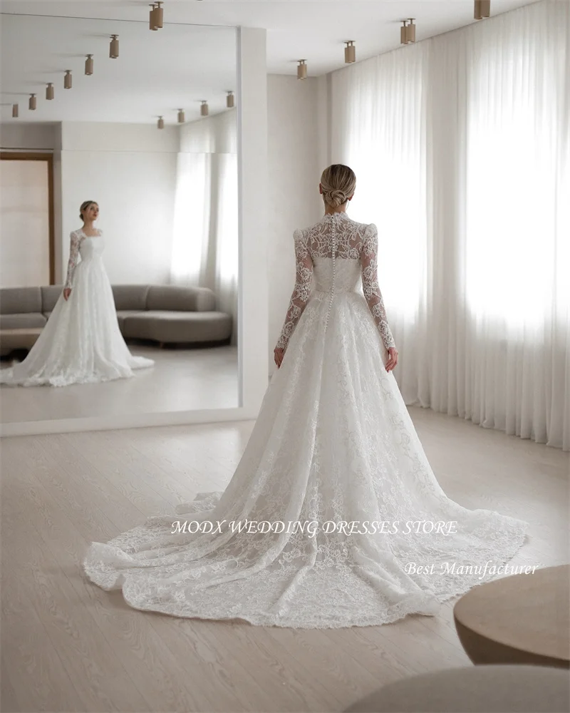 MODX Modest A Line Full Lace Wedding Dresses Long Sleeves Square Neck Sweep Train Dubai Arabic Bridal Gowns Robe de mariage
