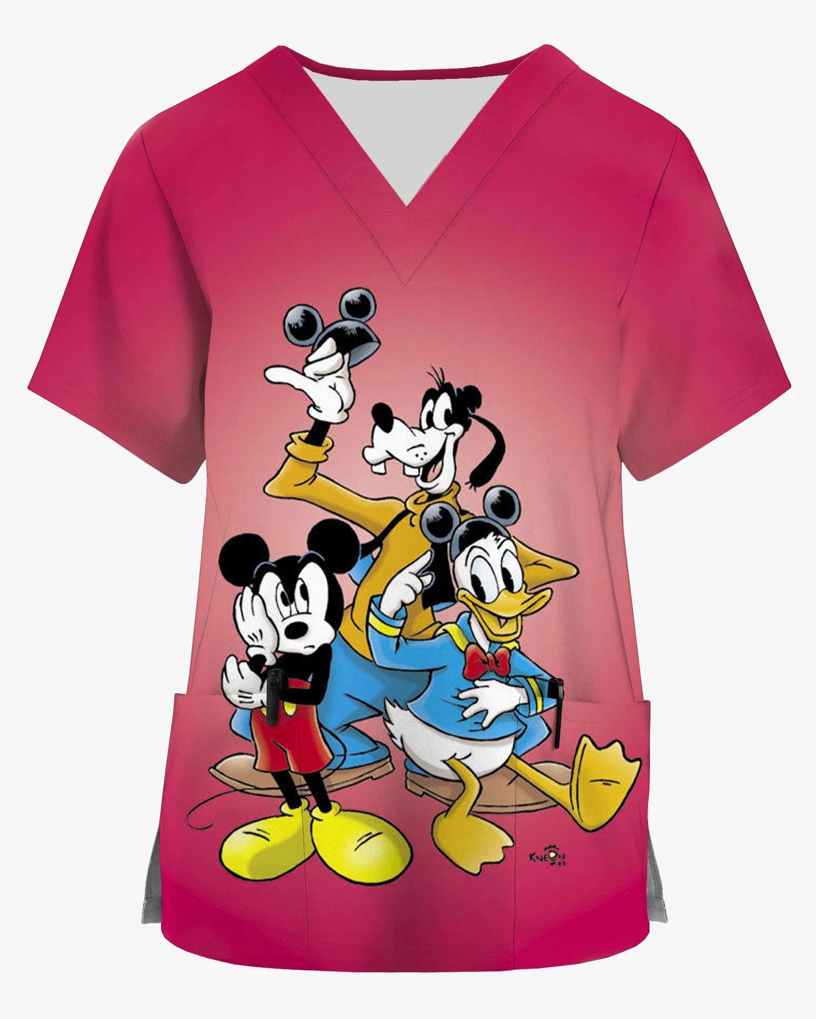 Disney-camisa de bolsillo con estampado de Mickey y Minnie para hombre y mujer, Top de manga corta con cuello en V, uniforme de trabajo para enfermería en casa