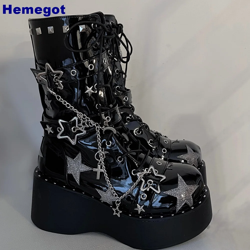 

Belt Buckle Star Chain Knight Boots 2024 Autumn New Punk Street Rock Lace-Up Lolita Fashion Women's Boots Round Toe Rivet Boots