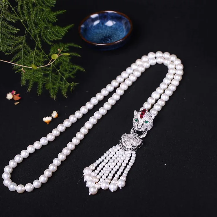 

white 7-8mm shell pearl jewelry sweater chain necklace fashion jewelry Leopard head inlay zircon 6mm tassel sweater chain