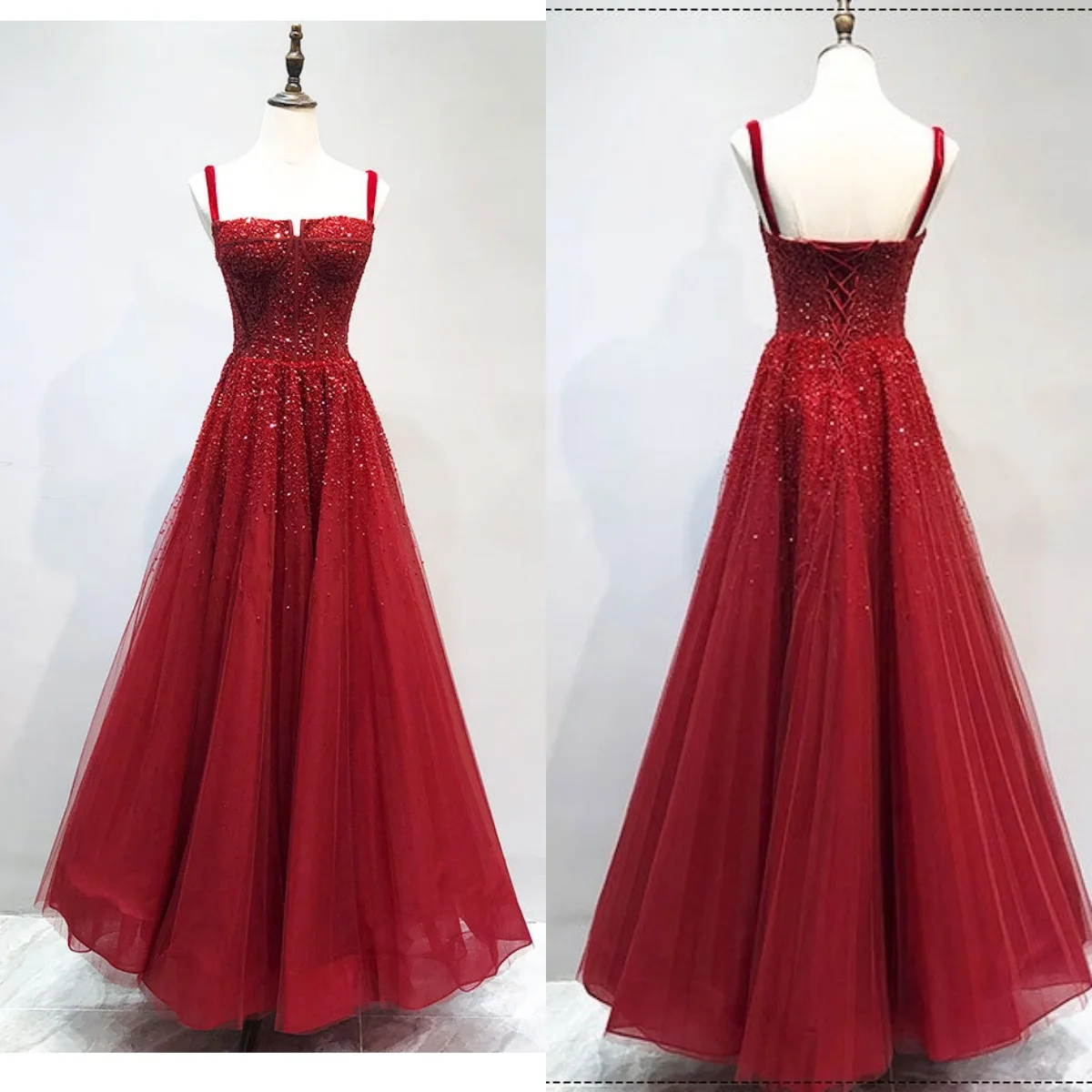 Evening Dress Burgundy Tulle Beading Spaghetti Strap Lace up A-line Floor Length Plus size Women Party Formal Gown Customization