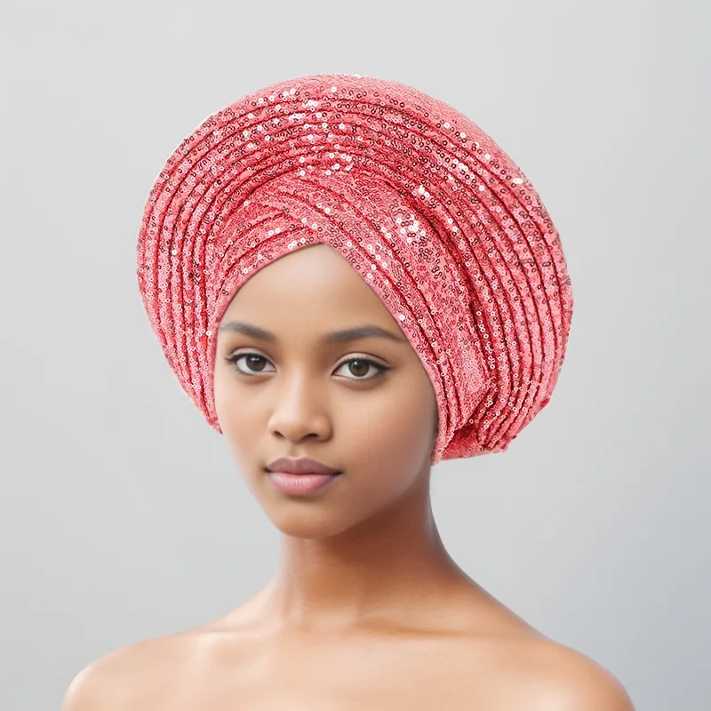 Sequins Auto Gele Headtie African Women\'s Head Wraps Fashion Turban Cap Nigeria Wedding Geles Already Made Head Ties Headpiece