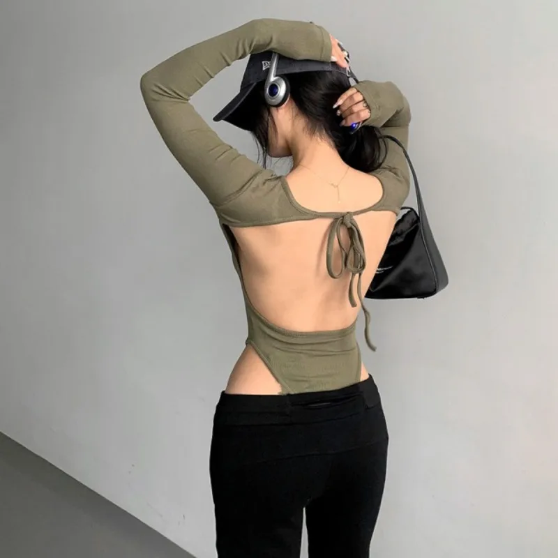Rückenfreier, ausgehöhlter, würziger Mädchen-Body mit Schnürung, langärmeliges, hoch geschnittenes, einteiliges T-Shirt für Damen, sexy, tägliches Sport-Unterhemd