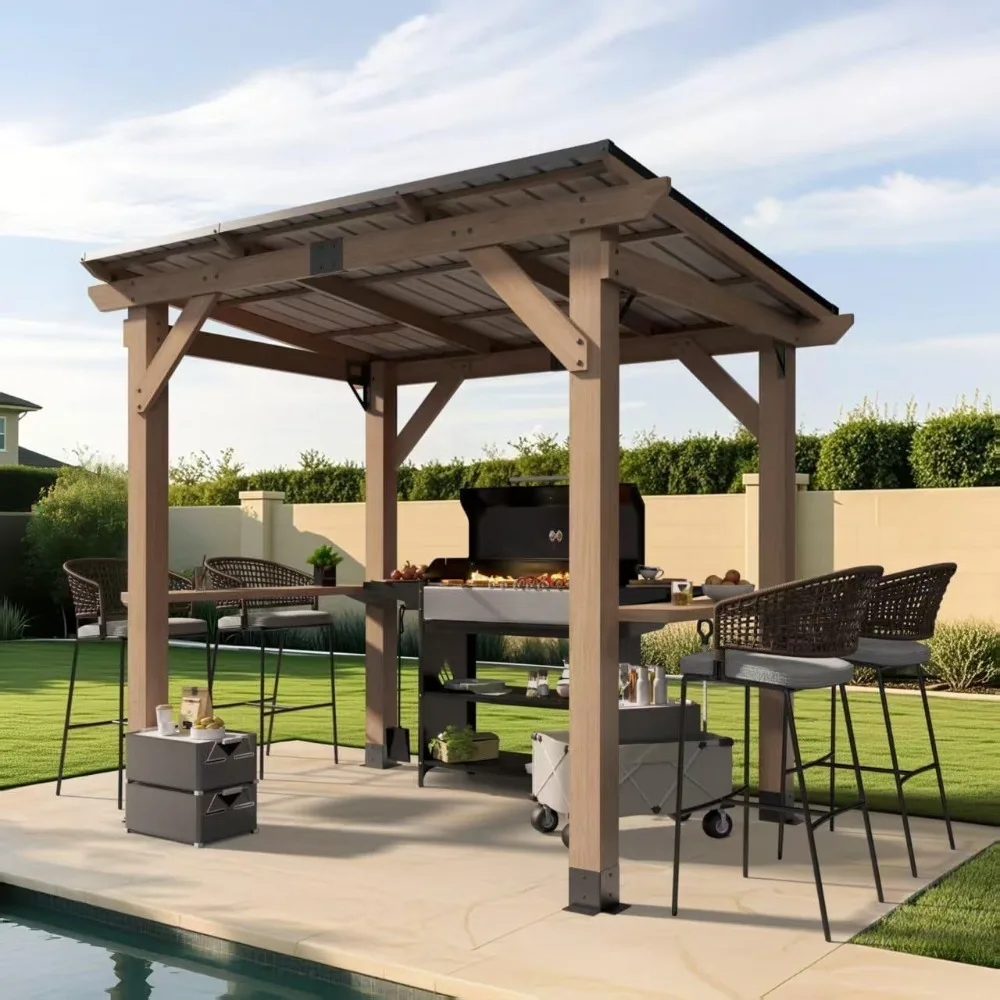 

8x6 FT Wood Grill Gazebos, BBQ Wooden Gazebo with Hardtop Sloping Steel Roof, Wood Outdoor Pavilion with 2 Side Storage Shelves