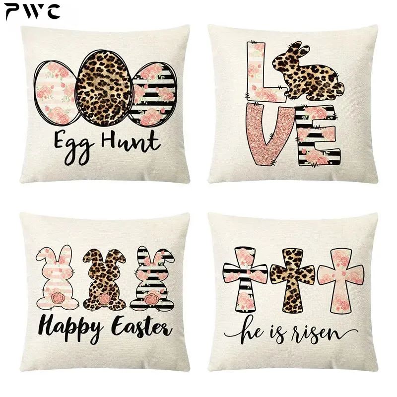 Stripe Leopard Eggs 2023 New Rabbit Easter Day Cushion Cover Linen Throw Pillowcase For Sofa Seat Letter Rose Cross Pillow Cover