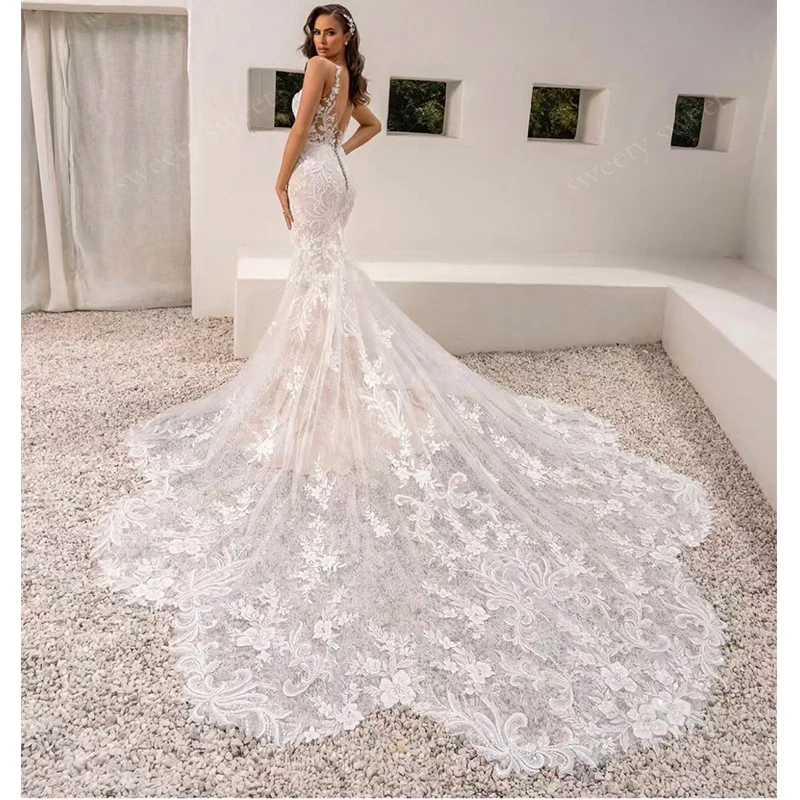 Abnehmbarer Zug Brautkleid Sexy Organza mit Stickerei Meerjungfrau Ballkleid ärmellos V-Ausschnitt individuelle Braut Vestido De Novia
