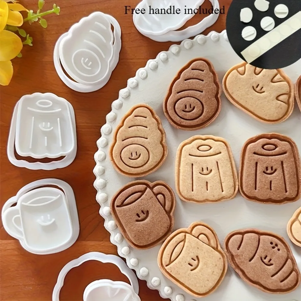 5Pcs Cute Smile Bread & Coffee Cookie Cutter Set  Adorable Croissant Mug Bread Mold Plastic Fondant Stamp for DIY Baking Pastry