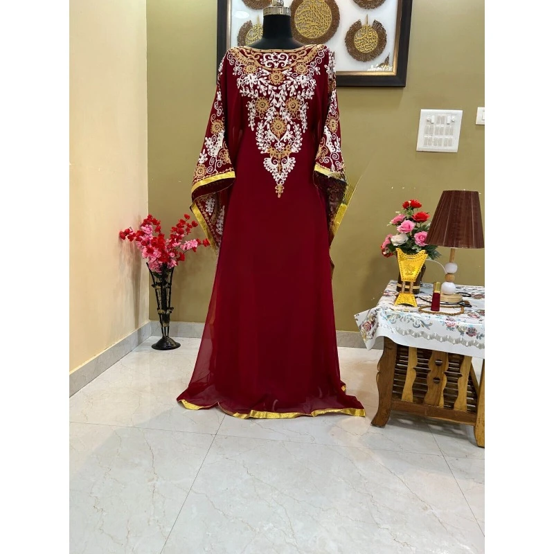 

Maroon Moroccan Long Shirt Embroidered Kaftan Royal Rough Moroccan Long Shirt Dress