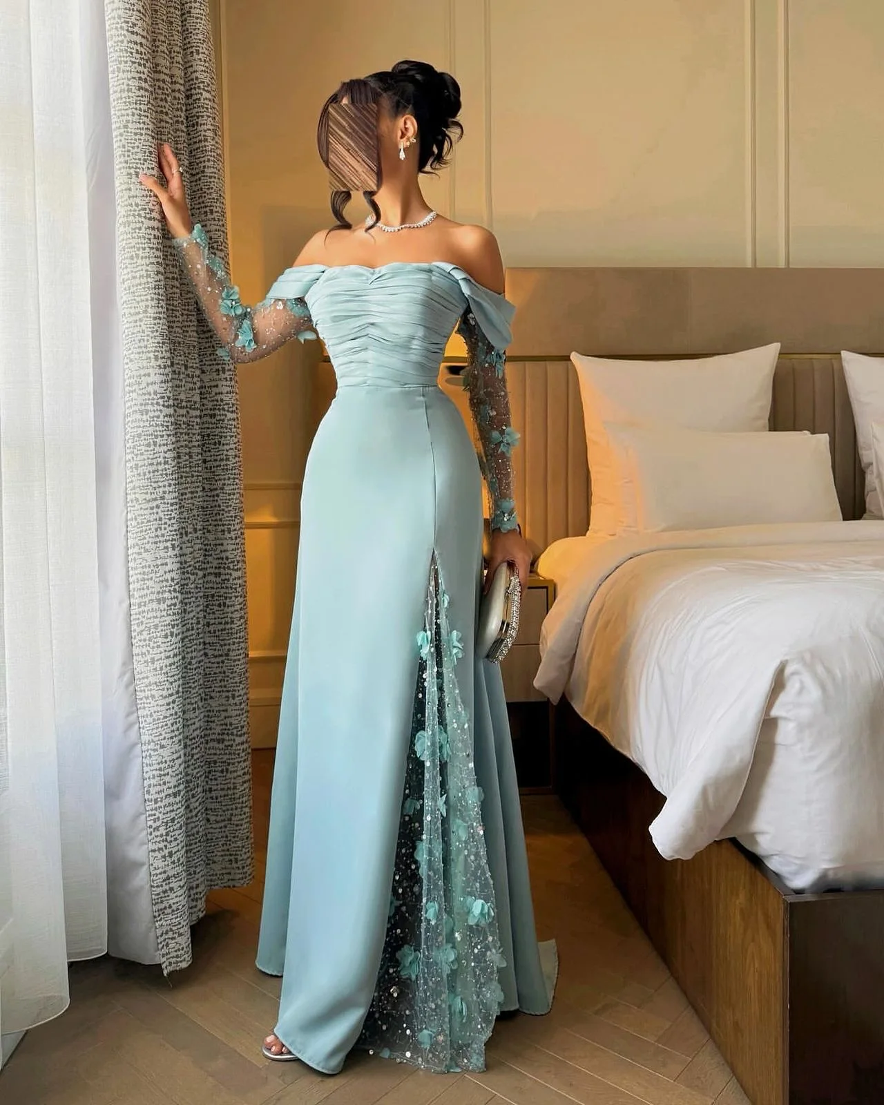 

Customized Elegant Blue Prom Gown Women's Off-the-Shoulder Floral Party Evening Dress Floor-Length Formal Occasion Dresses Saudi