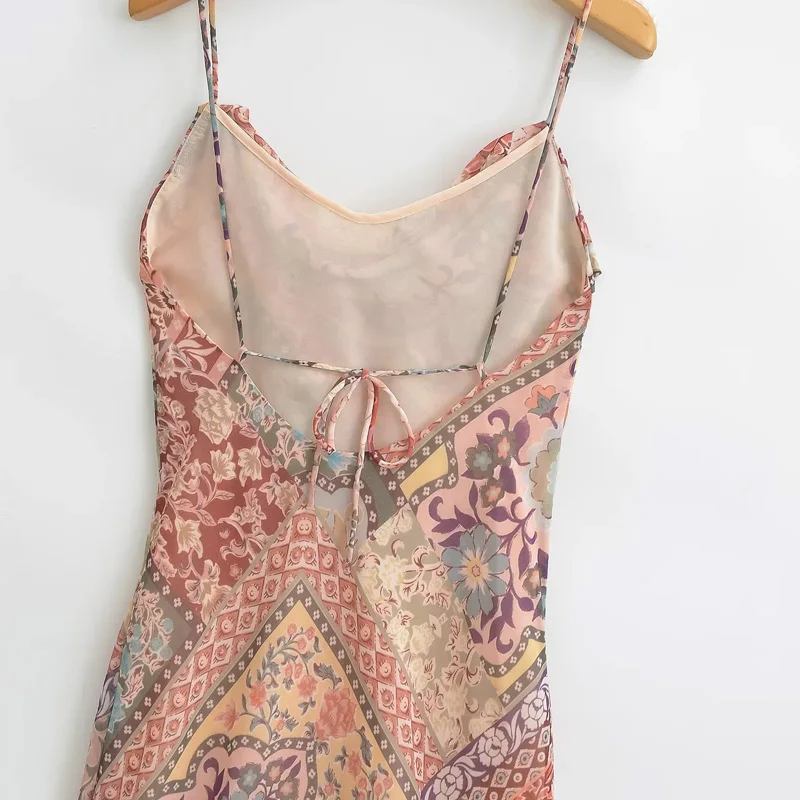 HXAO ロングドレス 2024 夏 レディース セクシー エレガント パーティー 花柄プリントドレス バックレス バタフライ レースアップ ミディ丈 スリップドレス