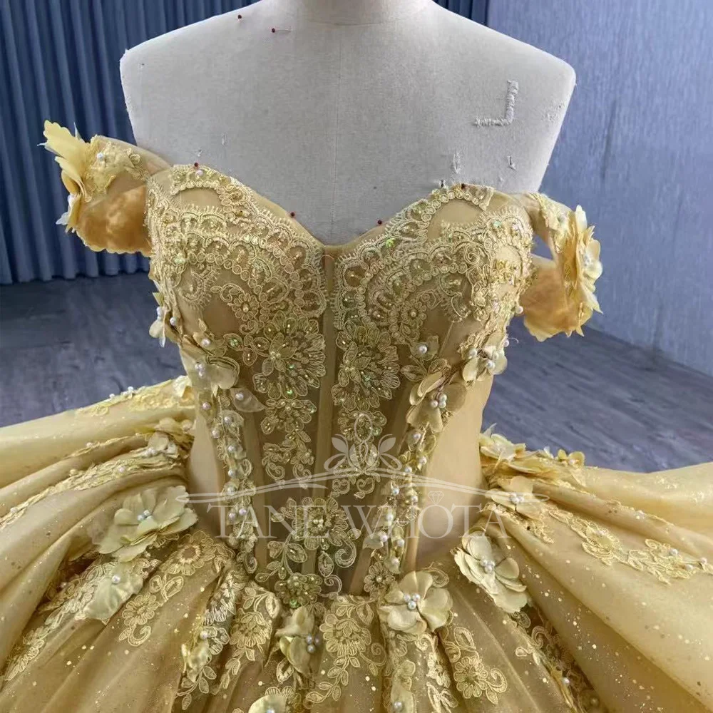 Quinceanera Ball Gown Dress Customized Gold Sweetheart Off Shoulder Lace Up Back Embroidered Beaded Sequined Appliques for Girls