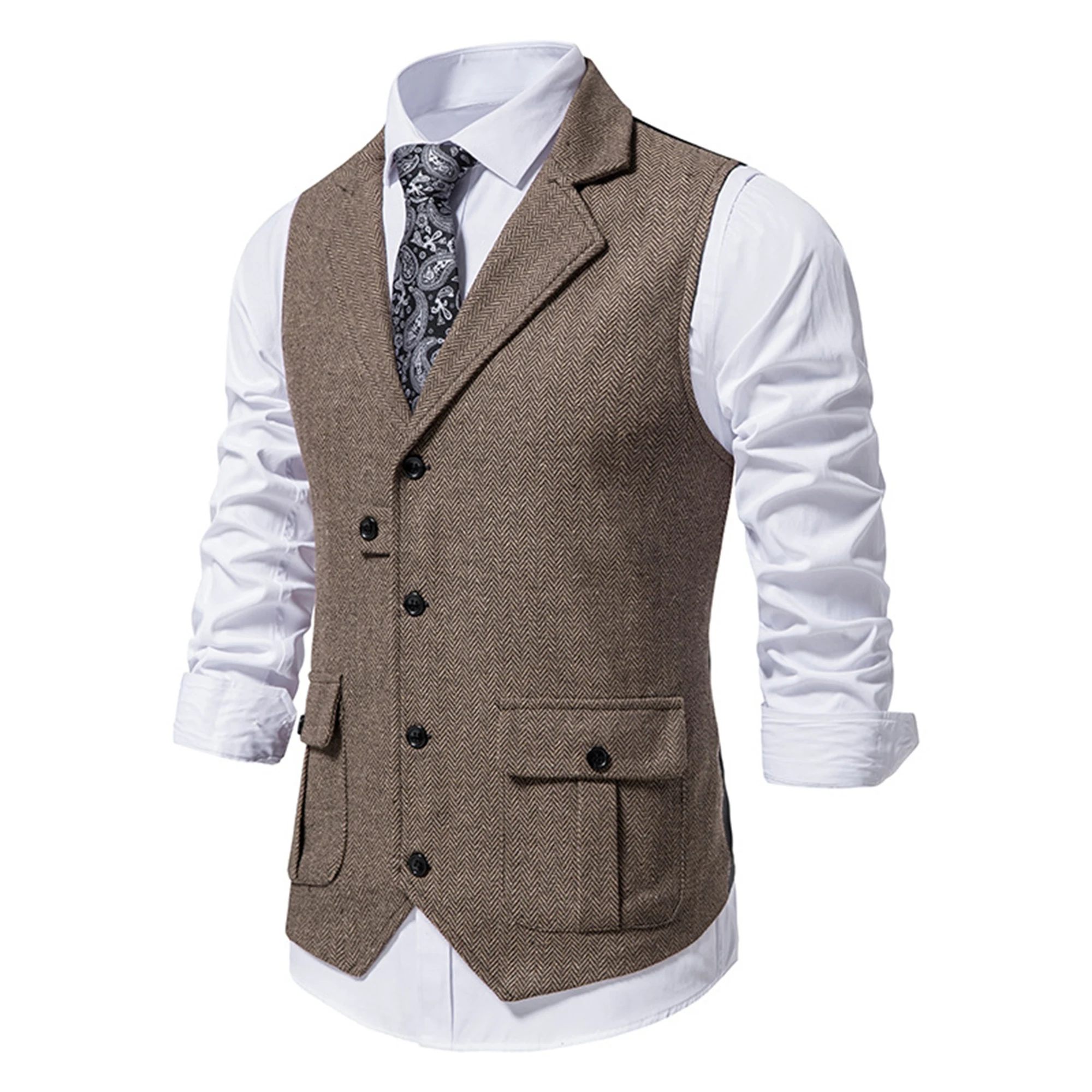 Fashion V-neck Double Breasted Herringbone Tweed Suit Vest  Mens Casual Striped Waistcoat Punk Groomman Wedding Grey Brwon Green