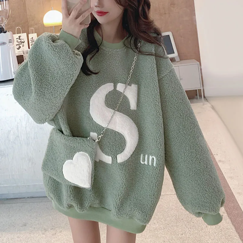 Women Lamb Sweatshirts With Bag Long Sleeve Pullovers 2024 Autumn Winter Warm Clothing O-neck Hoodies Female Loose Outerwear