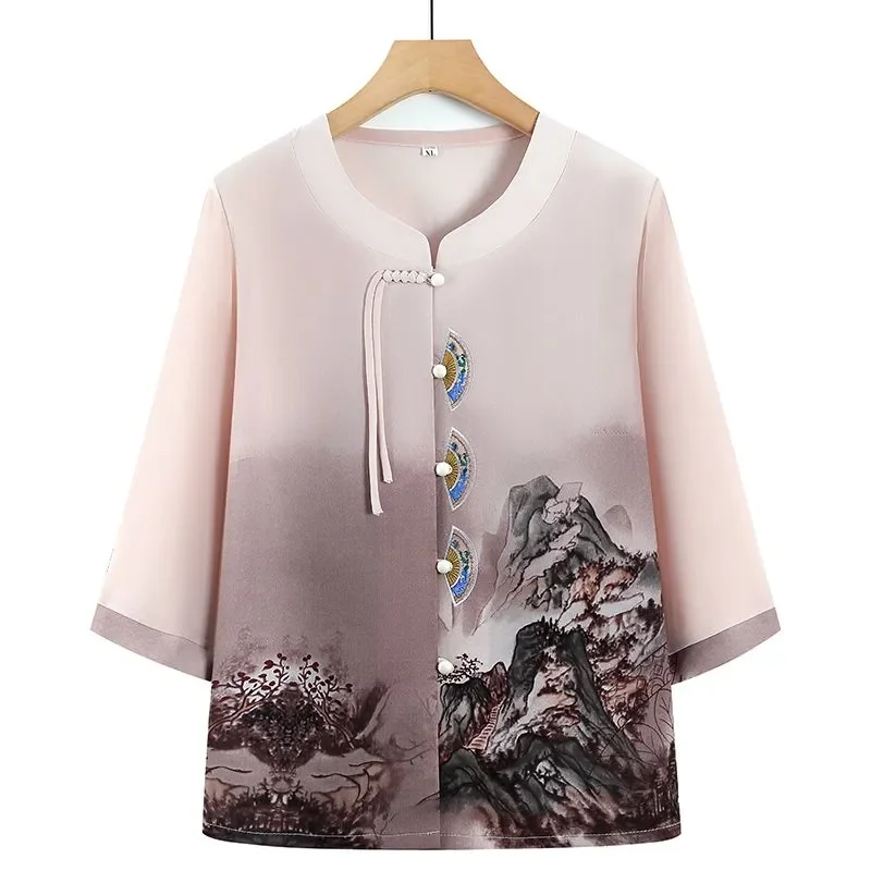 Women's Chinese Style Landscape Print Blouse 3/4 Sleeve Frog Button Gradient Casual Top For Middle Aged