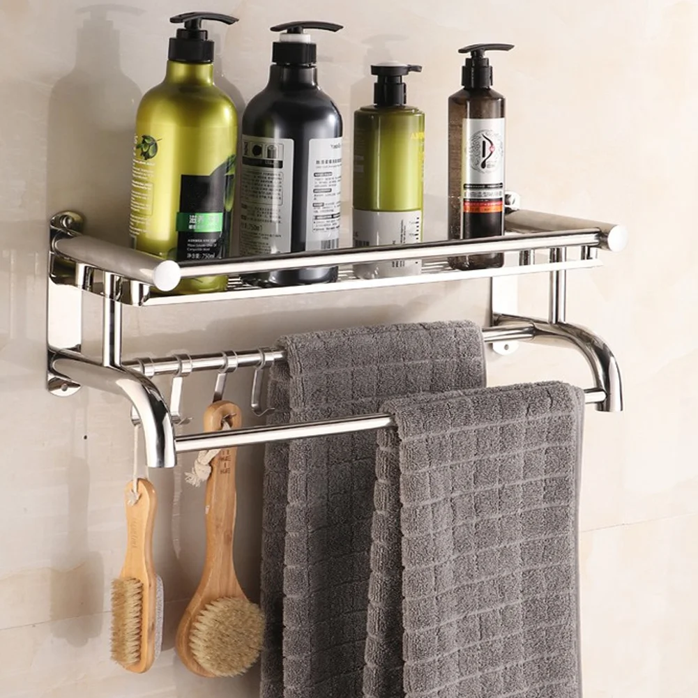 Wall Mounted Bath Towel Rail Bathroom Shelf Holder with Hooks