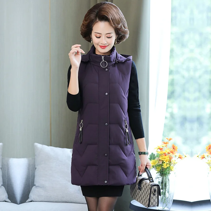 

Fall/Winter Down Cotton-Padded Jacket Vest Women's Overcoat Long Detachable Hat Loose Thicke Can't Mother Casual Waistcoat Vests