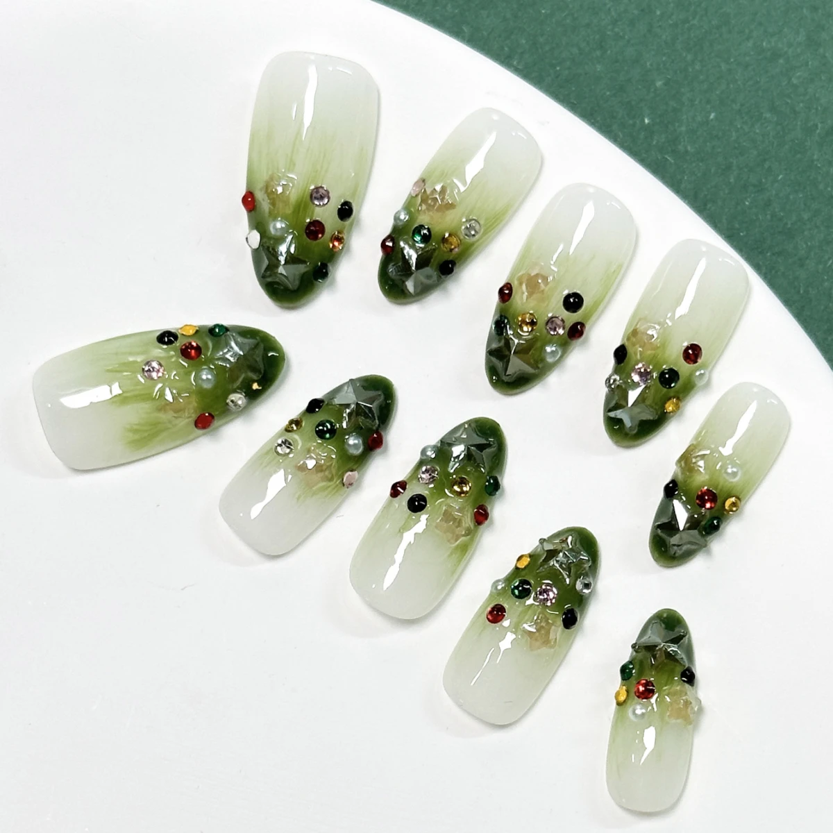 10pcs Handmade Press on Nails Medium Almond Shaped Nails, Christmas Green Nails, Pentagram Colorful Round Diamond Fake Nails