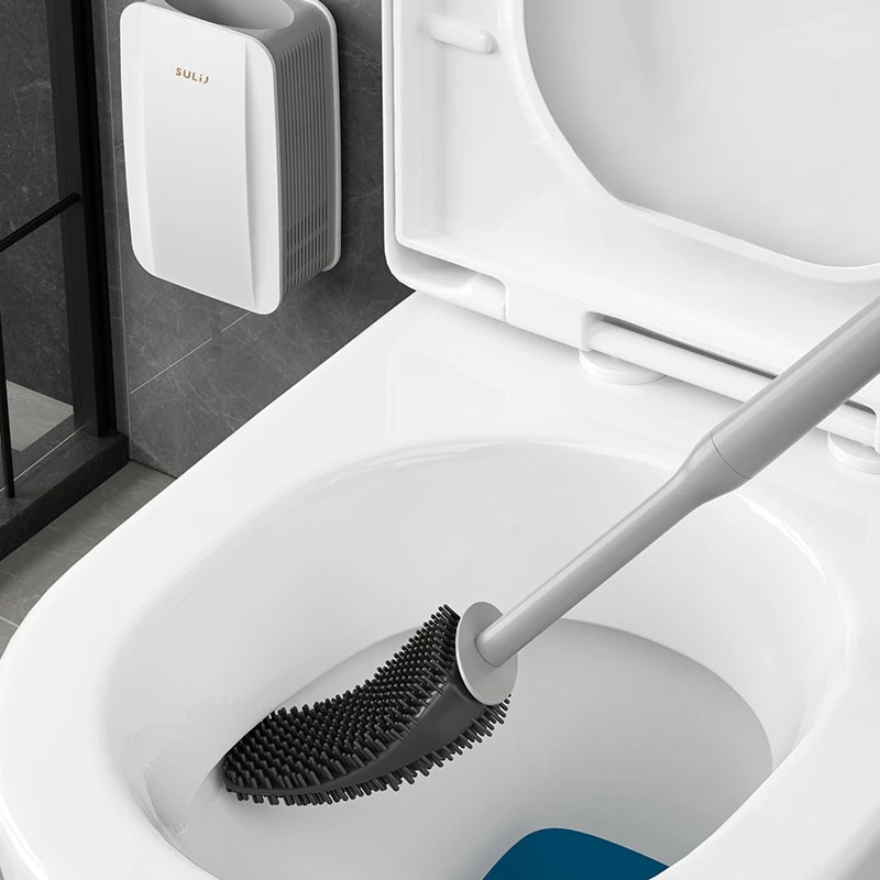 Silicone Toilet Brush Water Leak Proof with Base Wc Flexible Soft TPR Brush Wallmounted Quick Drying Holder Bathroom Accessories