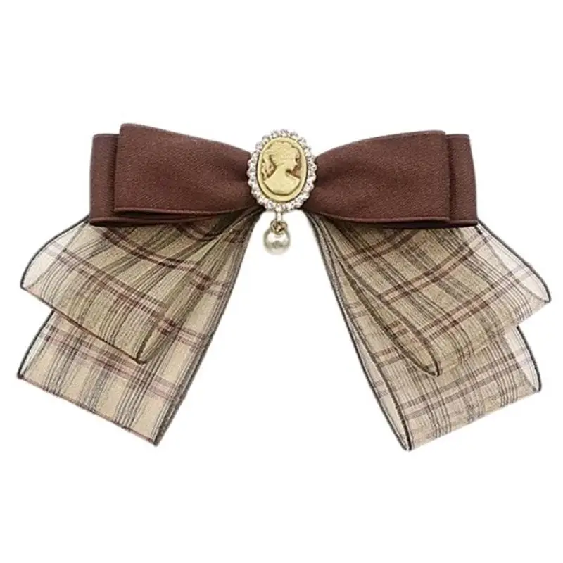 Vintage Brown Plaids Ribbon Bows Tie Brooch Pin for Women Girl French Preppy Uniform Pre Tied Bowknot Corsage Necktie