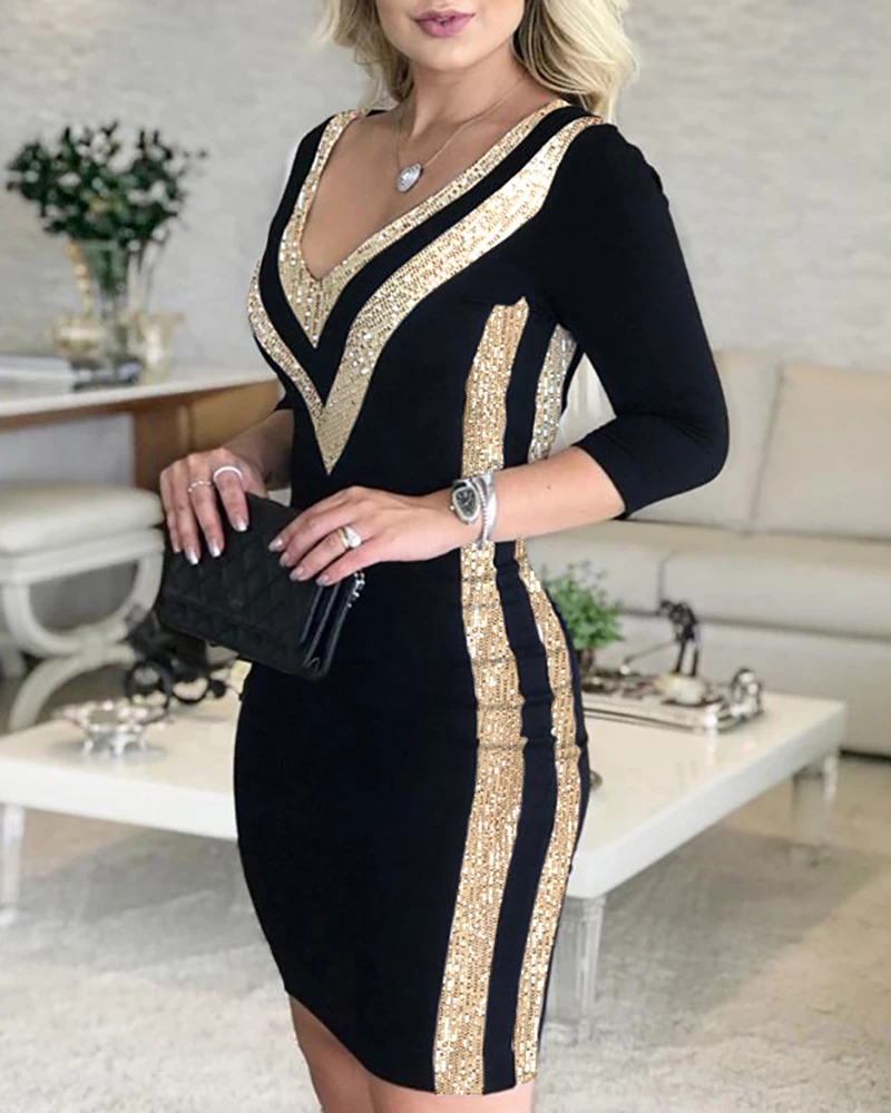 New Strap Metal Buckle Women\'s Midi Dress Knitted Ribbing Long Sleeve V-Neck Female Dresses Solid Slim Party Dress Ladies Clothe